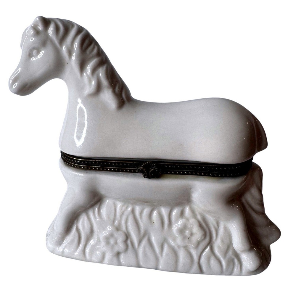 Vintage White Horse Trinket Box Porcelain Brass‎ Trim Hinged Keepsake